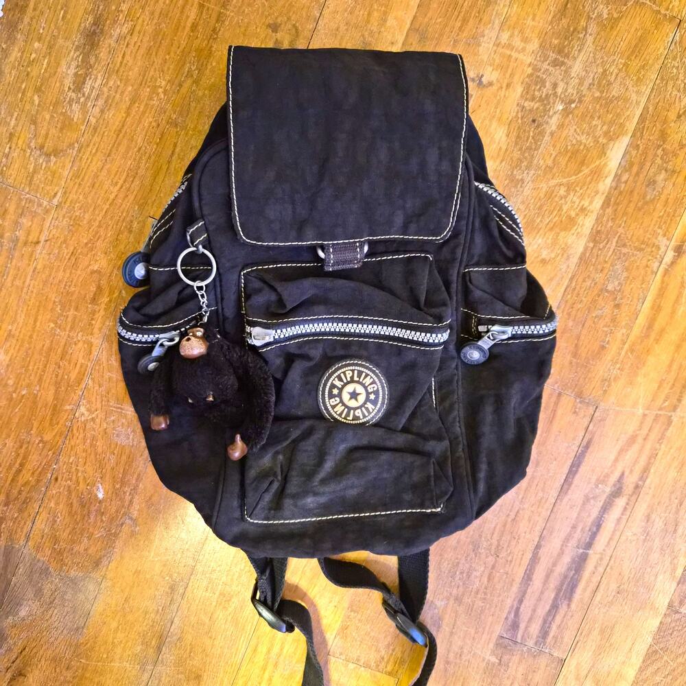 Kipling Black Nylon Backpack Zip Closure Adjustable Straps Pockets Monkey Charm